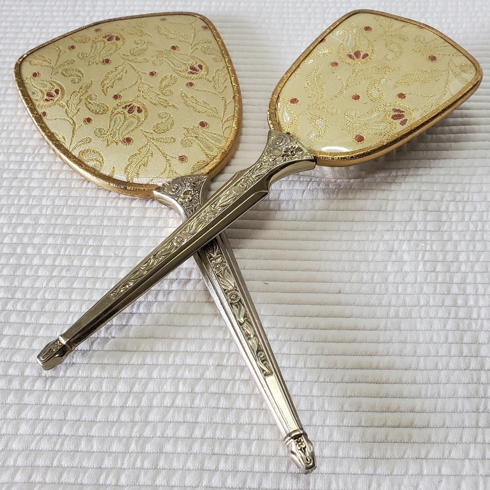 Hand Mirror & Hair Brush Set Vanity Dressing Table Vintage Floral Gold Tone